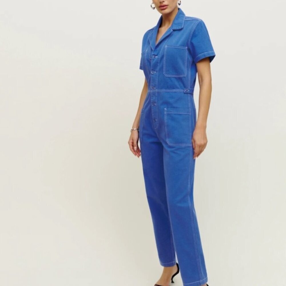 Reformation Morgan Blue Denim Jean button up Twill utility jumpsuit size 4